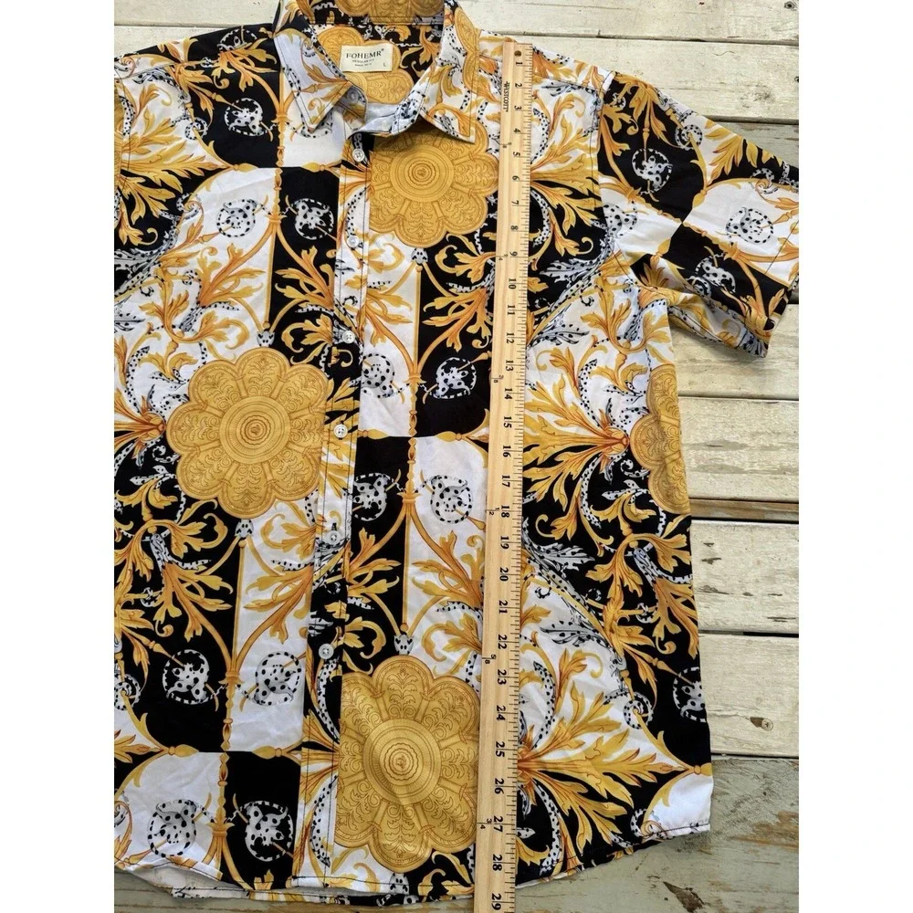 Mens Fohemr Button Up Shirt Men's Size  Large Baroque Abstract Print Yellow